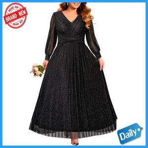 Plus Size Formal Evening Gown Long Sleeve V-Neck Glitter Prom Dress Elegant